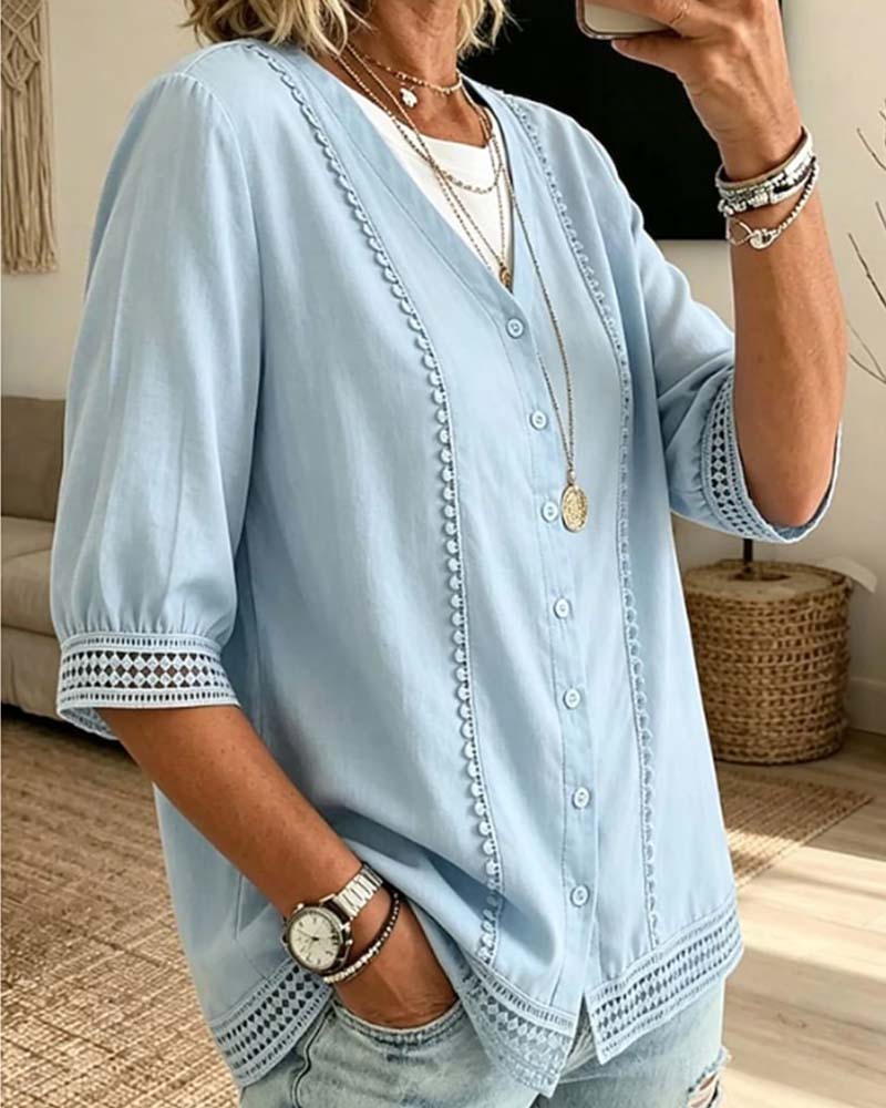 Blouse Col En V Bouton Dentelle Ajourée Unie