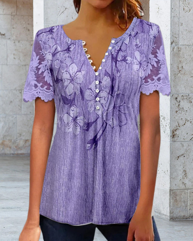 Blouse à Empiècement En Dentelle Col Rond Imprimée