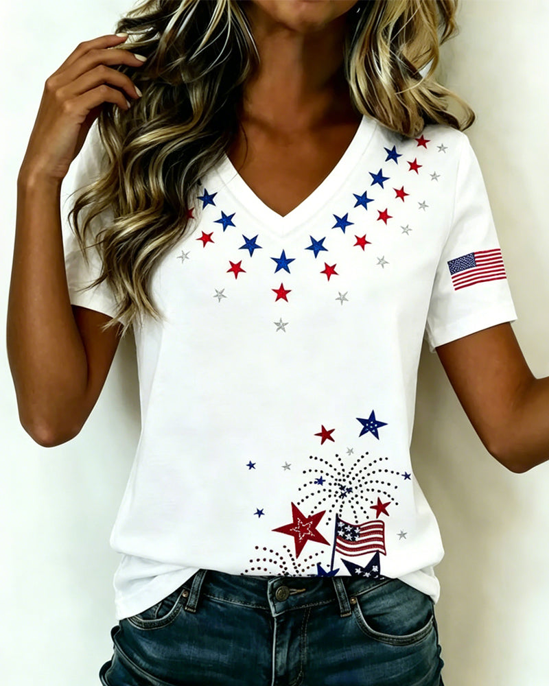 T-Shirt Col V Imprimé Décontracté