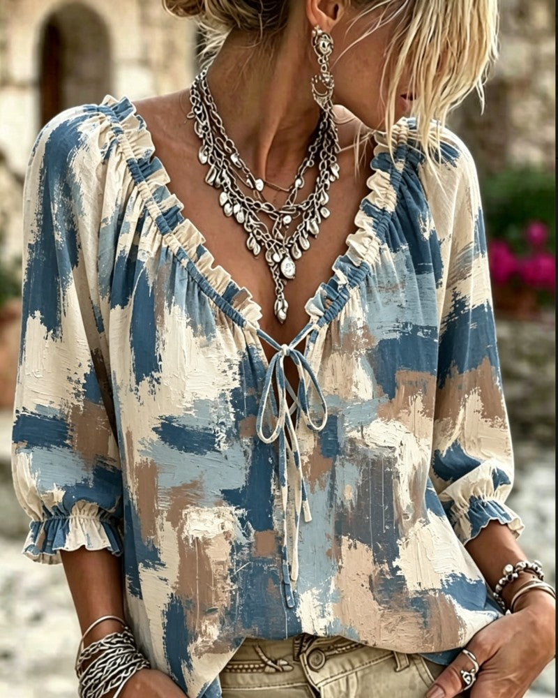 Blouse Décontractée Imprimée Col V