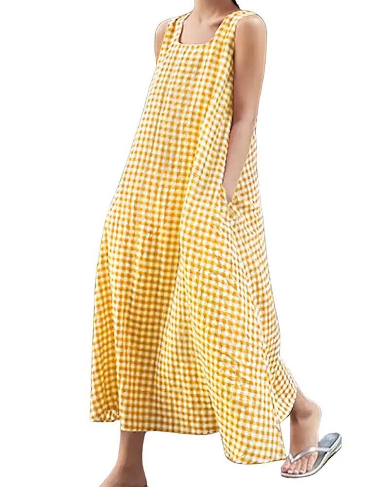 Robe À Carreaux Sans Manches Col Carré Maxi