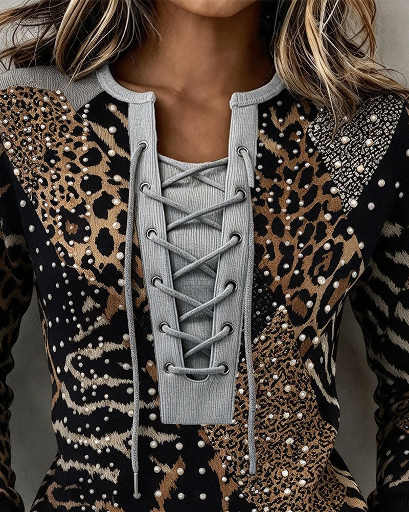Sweatshirt Attacher Léopard Patchwork Ajusté