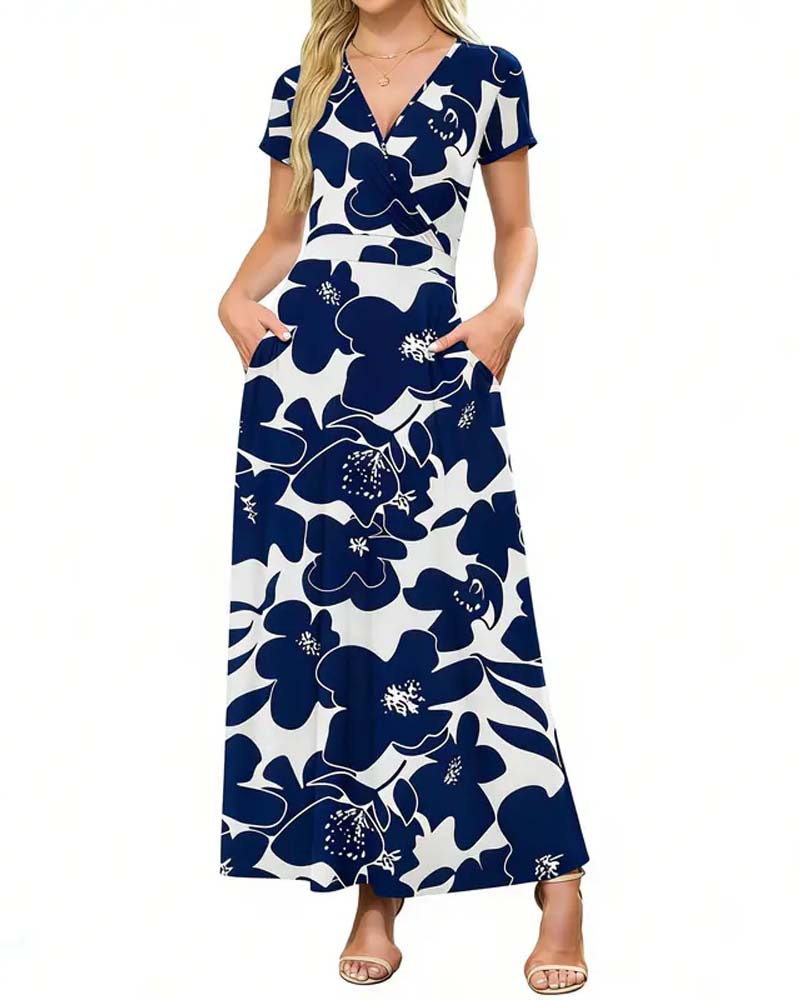 Robe Col V Imprimée À Manches Courtes