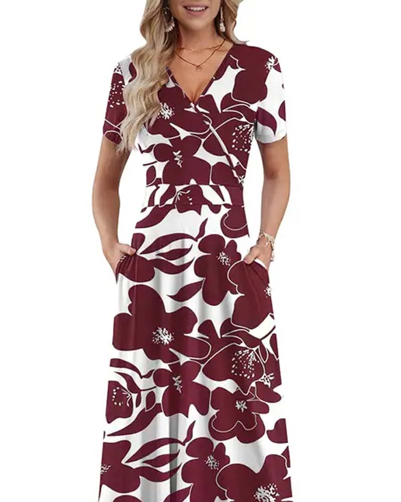 Robe Col V Imprimée À Manches Courtes