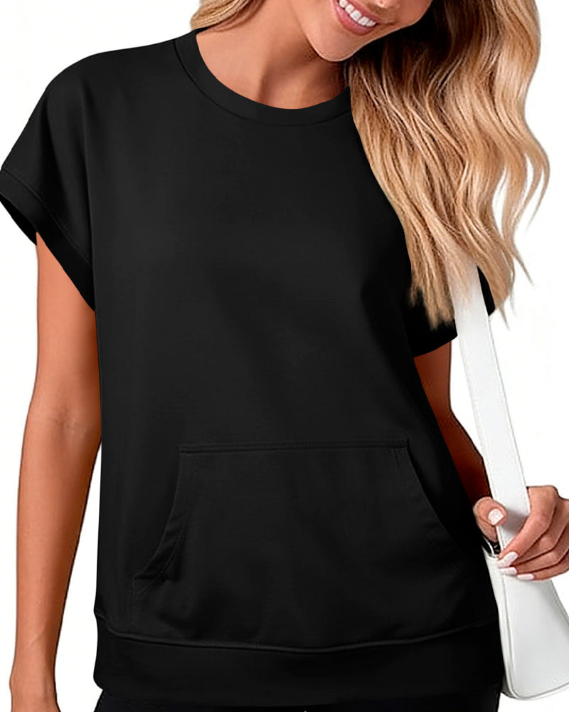 Blouse Poche Devant Unie Col Rond