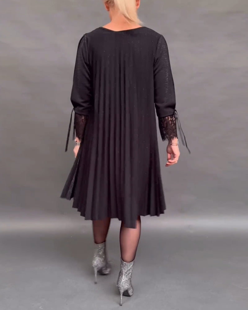 Robe plissée en dentelle patchwork de couleur unie