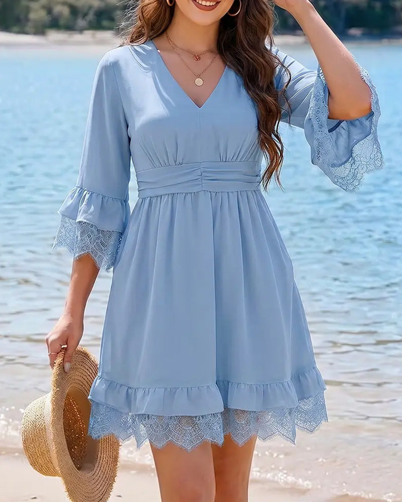 Robe Col En V Unie Dentelle Patchwork
