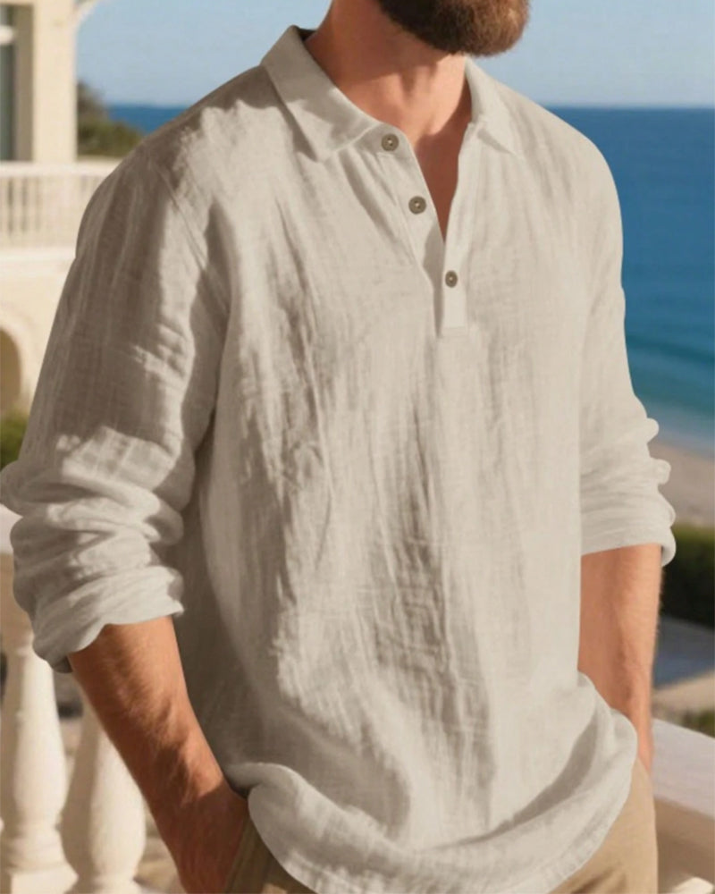 Chemise Homme Légère Coupe Ample Lin Manches Longues Polo