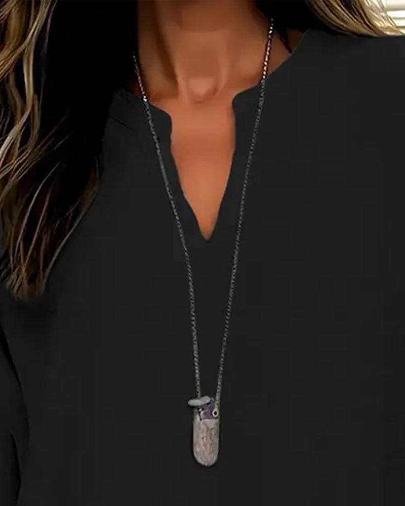 Blouse Col En V Irrégulière Unie Manches Longues