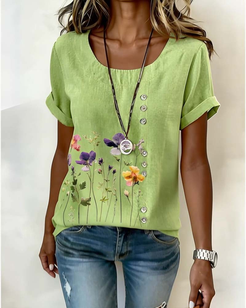 T-Shirt Floral Imprimé Col Ras Manche Courte