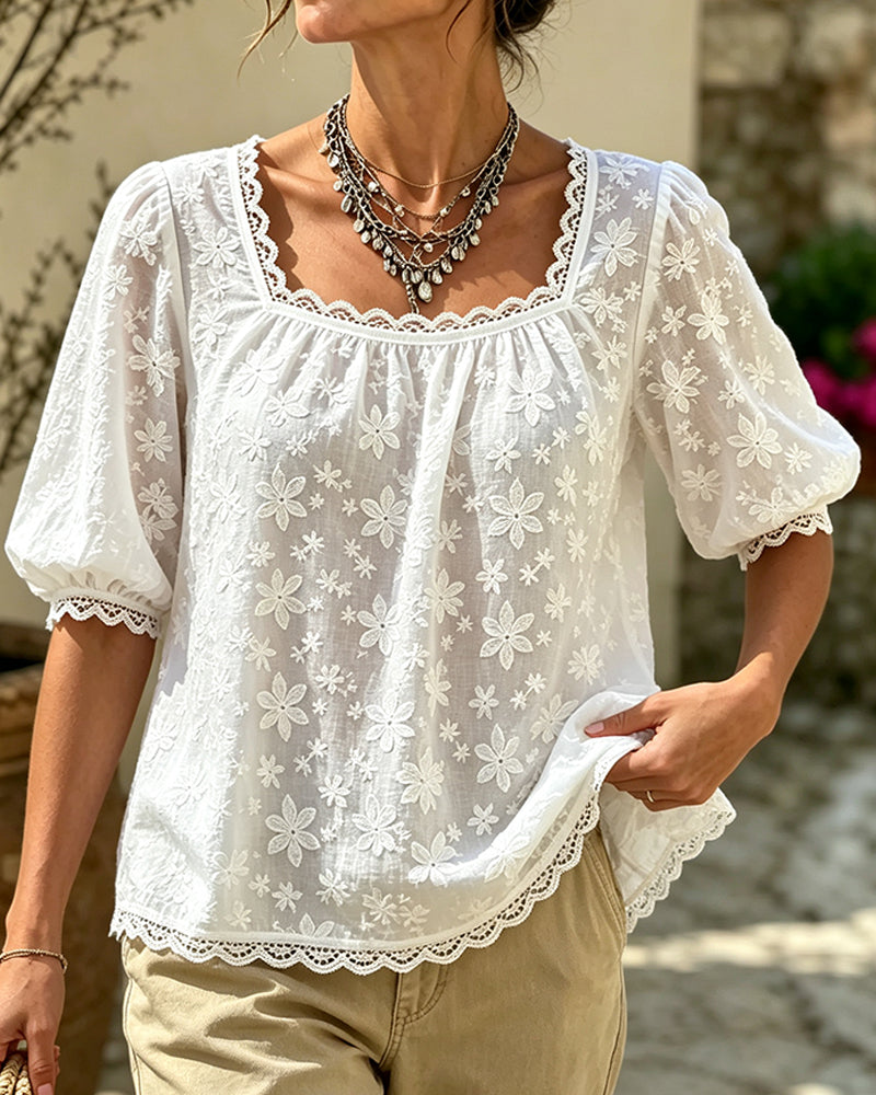 Chemisier À Col Carré Manches Bouffantes Jacquard