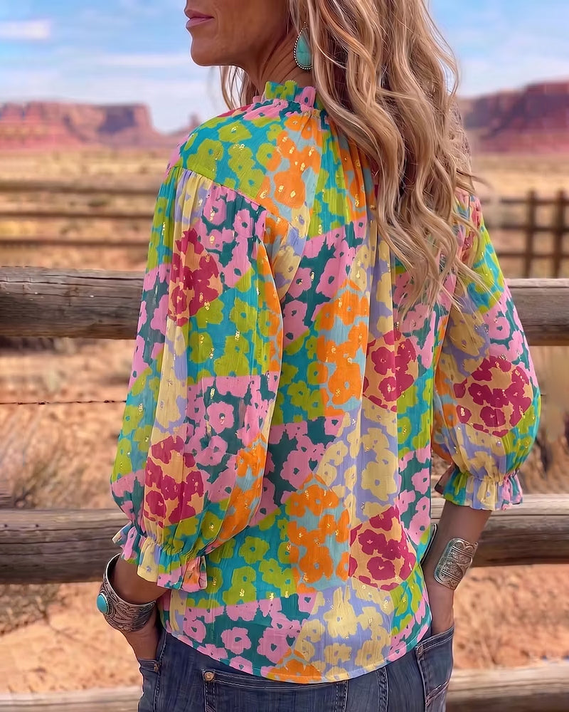 Blouse Florale Col En V Attache Devant Manche Bouffante