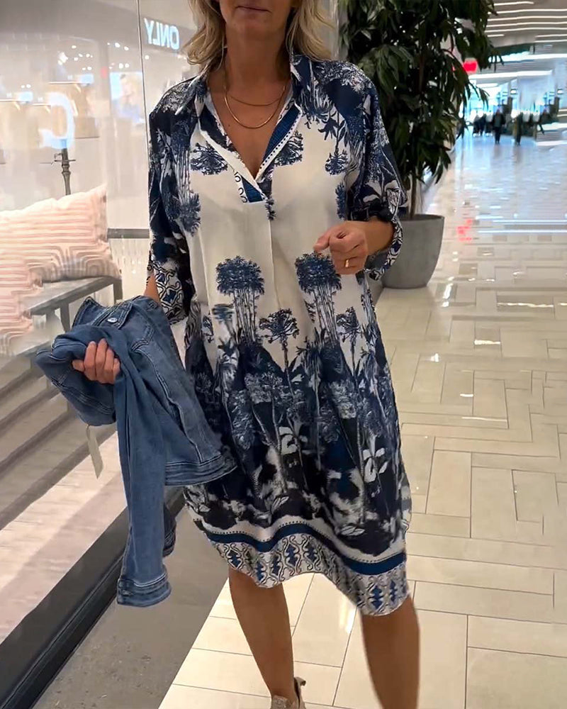 Robe décontractée à manches trois-quarts à revers et imprimé botanique