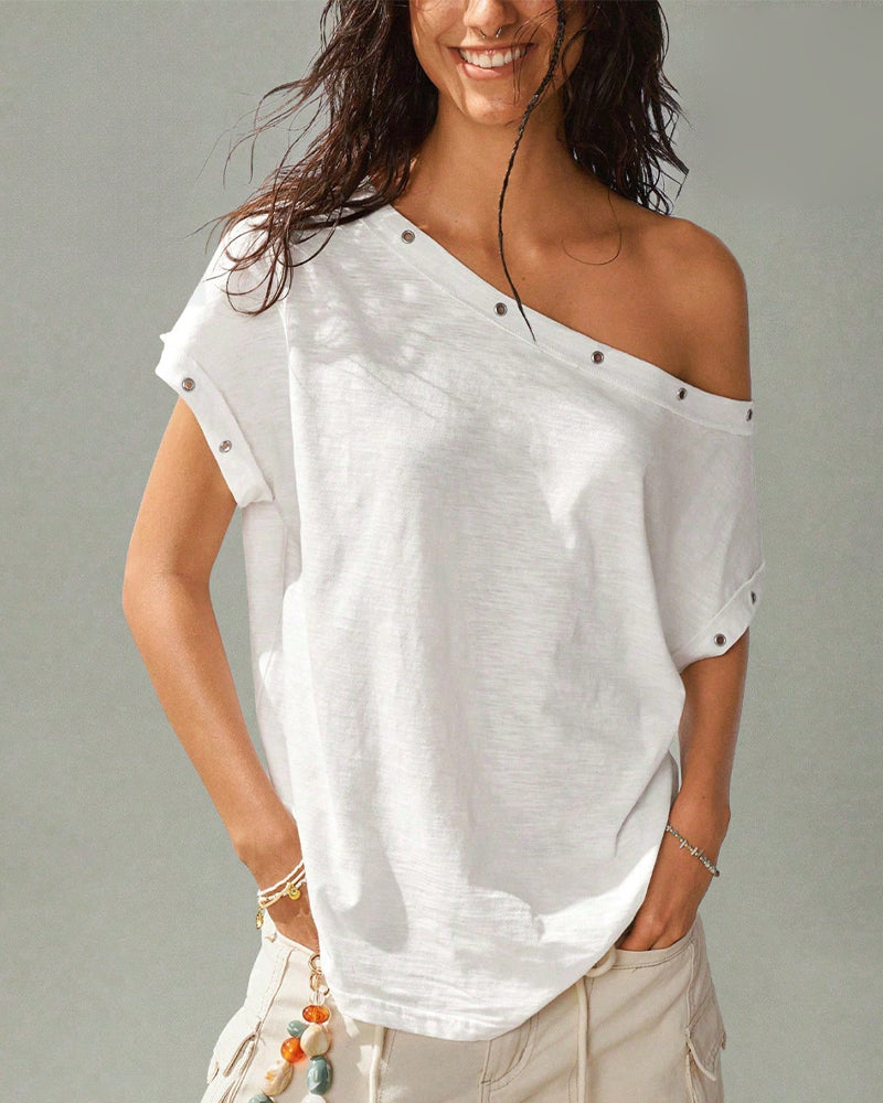 T-Shirt Une Épaule Rivet Uni