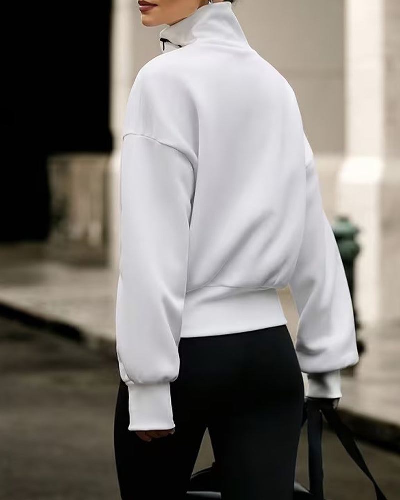Sweatshirt Col Mock Fermeture Éclair Épaule Tombante Décontracté
