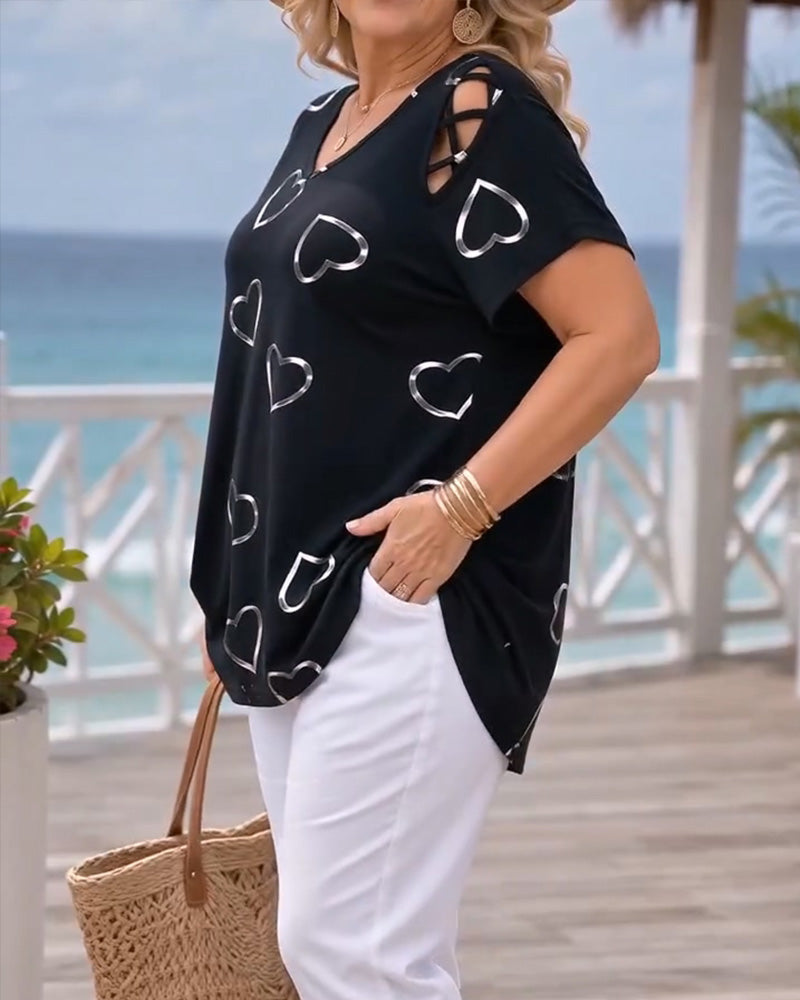 T-Shirt Motif Cœur Ajouré Manches Courtes