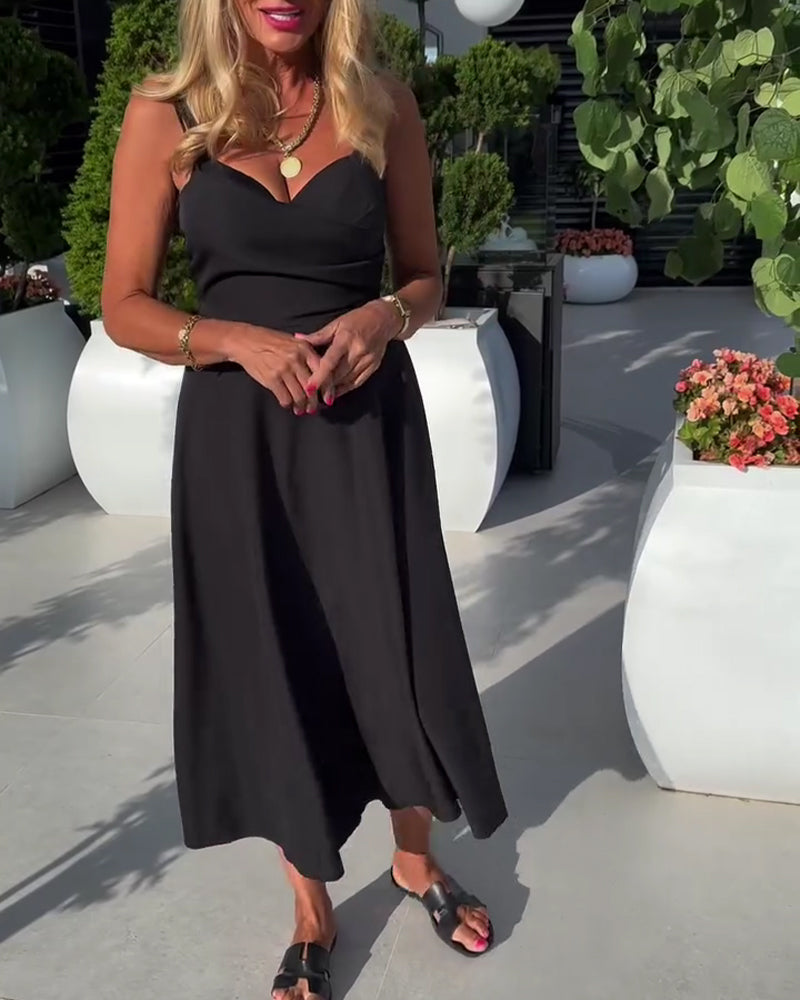 Robe Bretelles Col En V Froncée Taille Haute