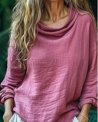 Blouse Col Drapé Décontractée Unie Manche Longue