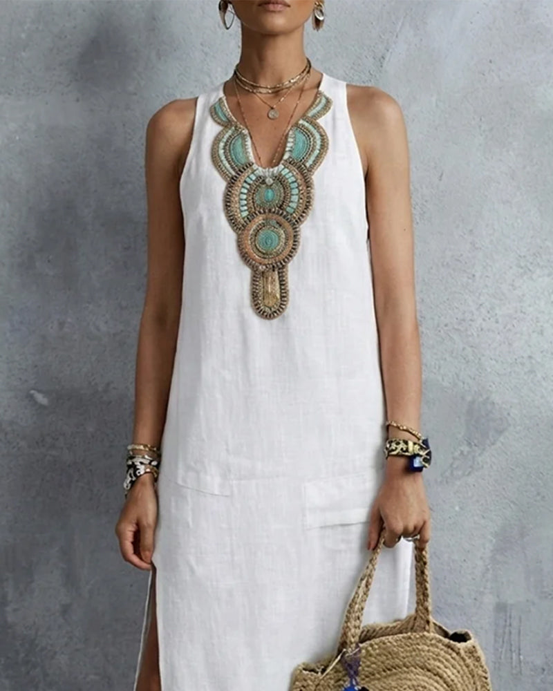 Robe Sans Manches Col En V Bohémienne Longue
