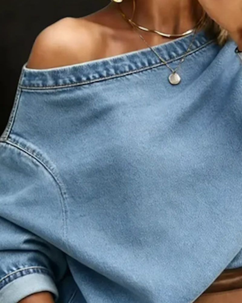 Haut Hors Épaule Lâche Denim Manches Longues