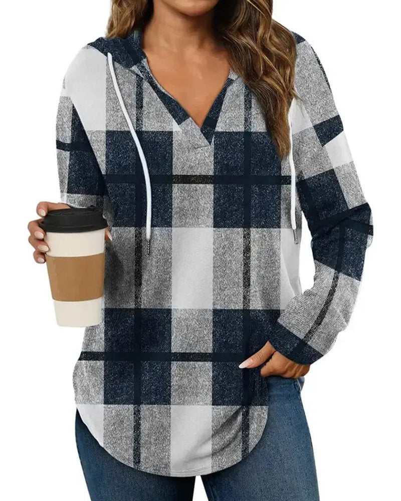 Blouse À Carreaux Capuche Cordon De Serrage