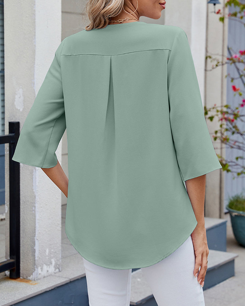 Blouse Manches Mi-Longues À Volants Couleur Unie Décontractée