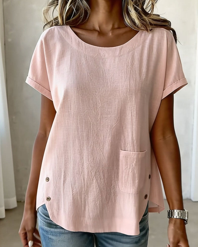 T-Shirt Coton Lin Bouton Détail Manche Courte