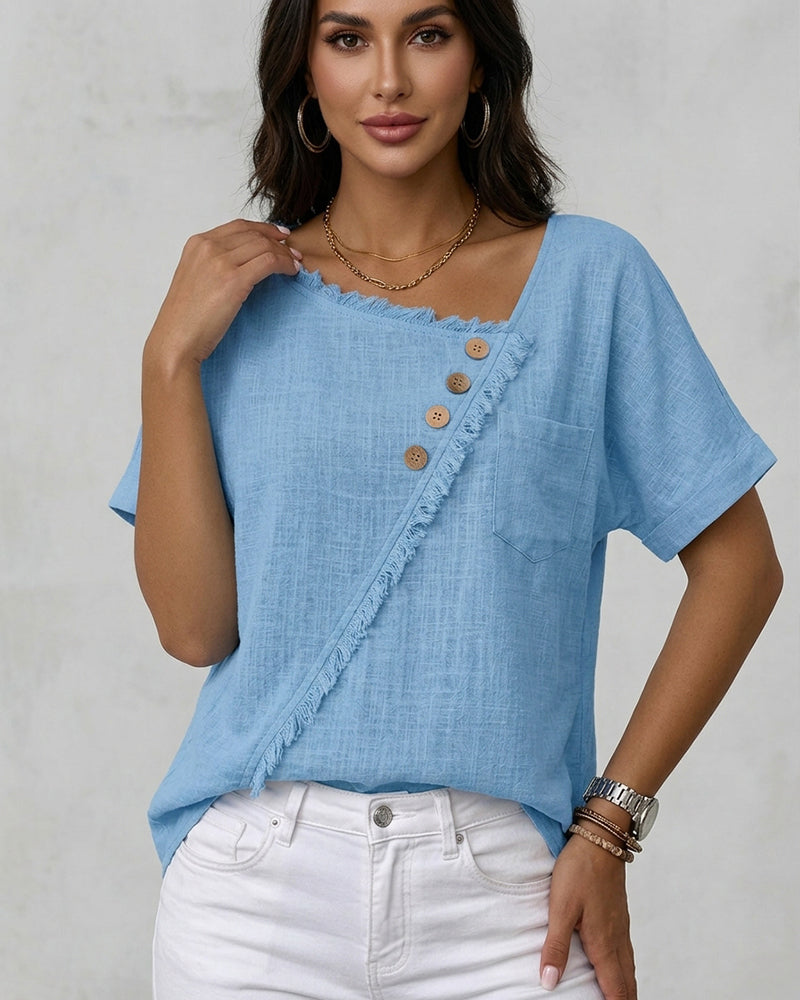 Blouse Bord Brut Coupe Bias Bouton Manches Courtes
