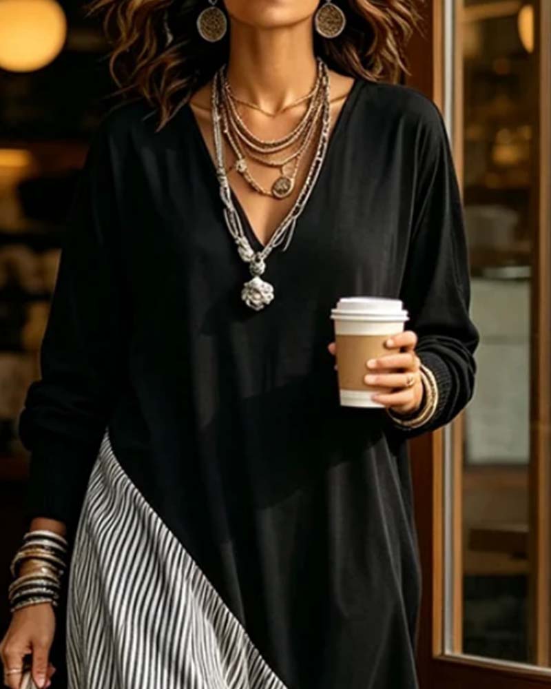 Robe Col V Rayure Patchwork Volant