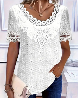 Blouse Col Rond Dentelle Crochet Manches Courtes