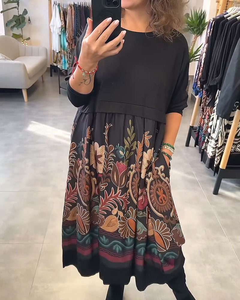 Robe Floral Encolure Ronde Patchwork Évasée