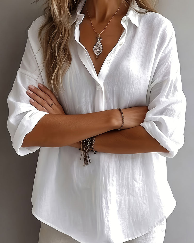 Blouse Unie Col Patte Demi-Patron Manches Longues