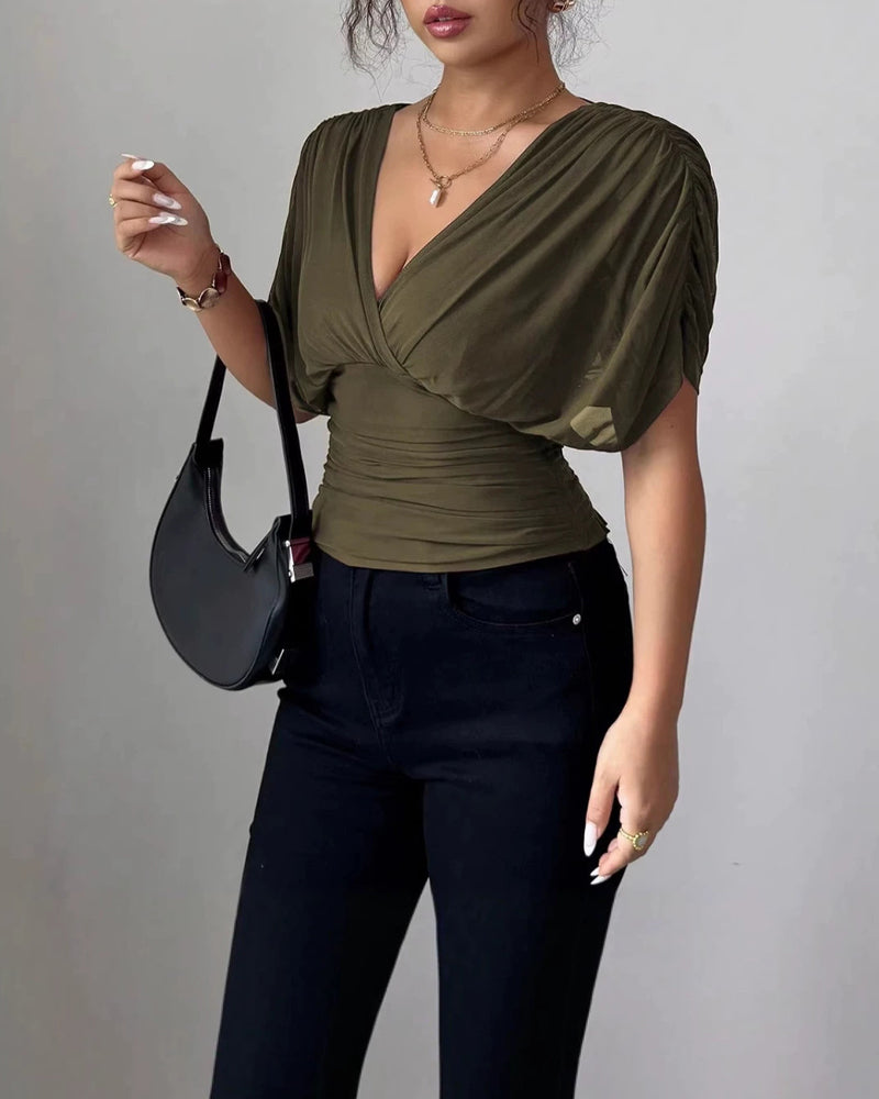 Blouse Unie Profond Col En V Taille Manches Courtes