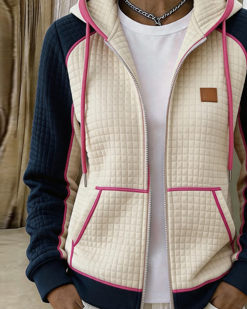 Manteau Blocs De Couleurs Gaufré À Capuche Fermeture Éclair