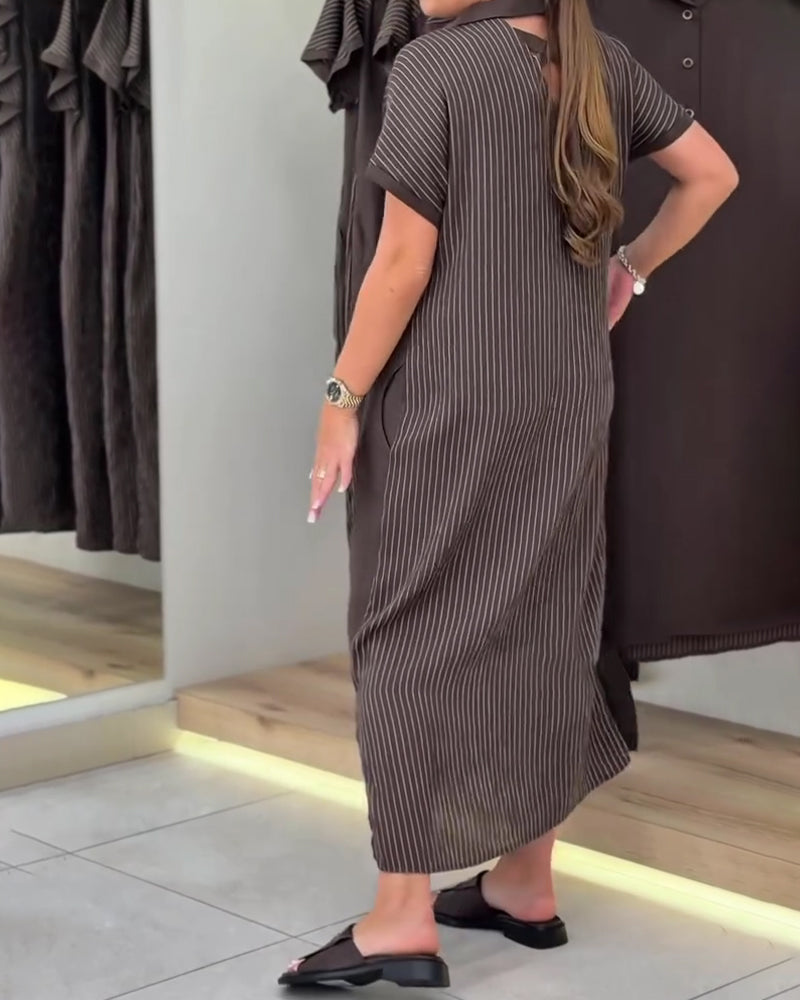 Robe Col V Revers Rayure Découpée
