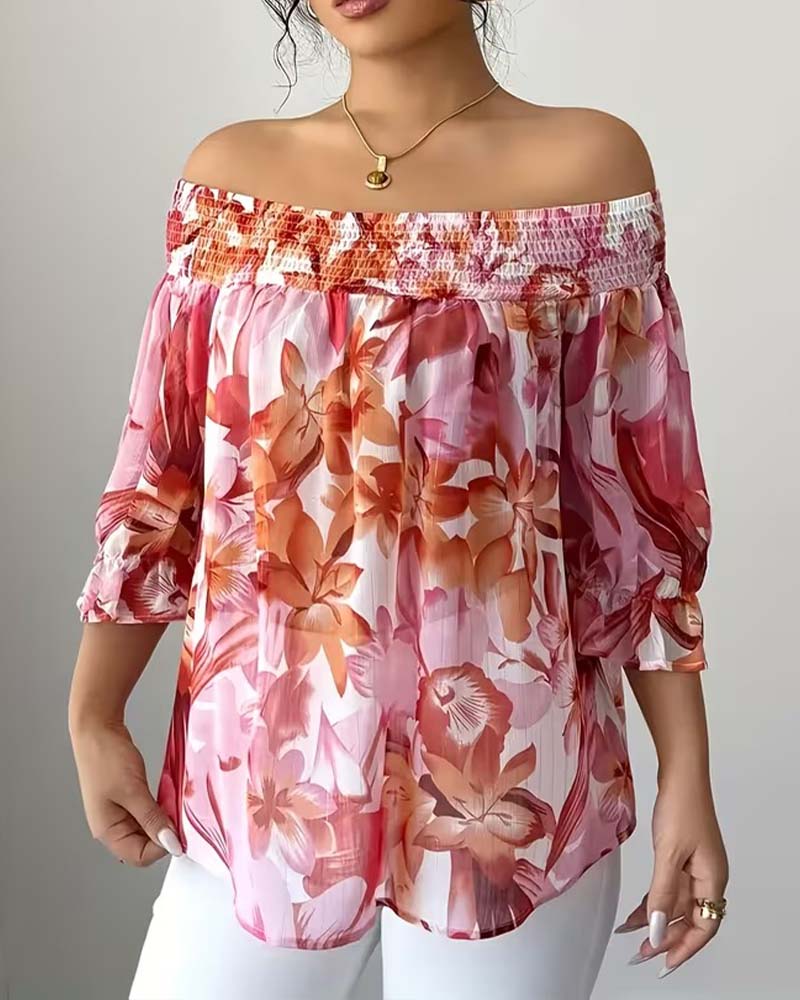 Blouse Off-Épaule Imprimé Manche Bouffante