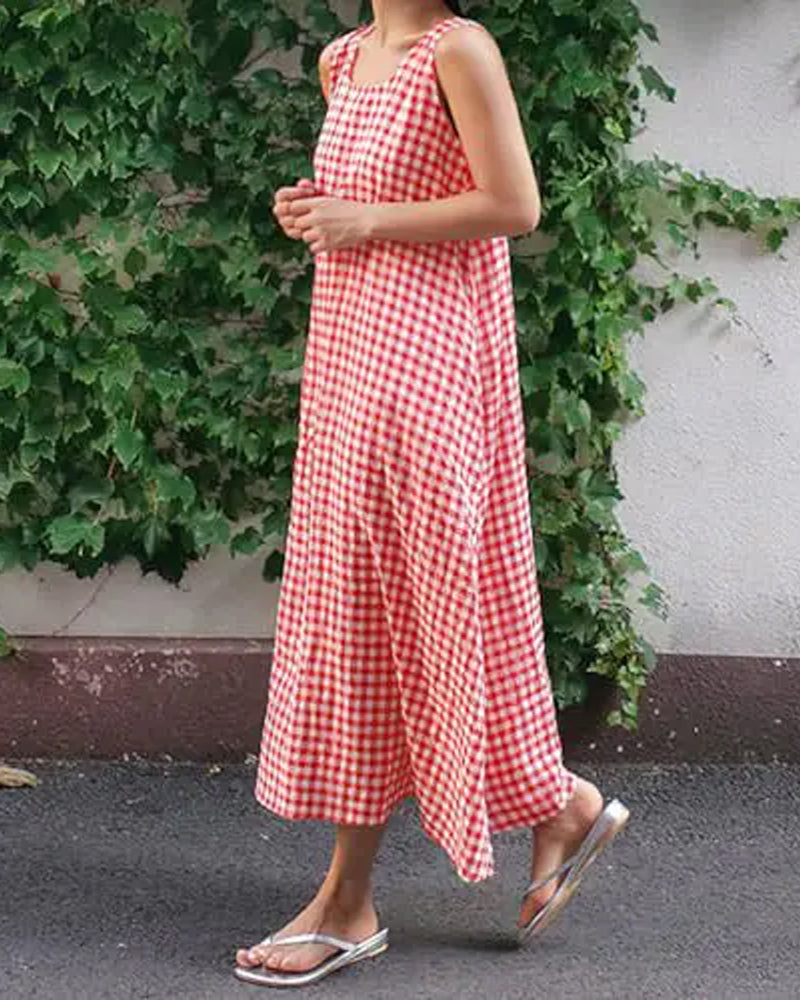 Robe À Carreaux Sans Manches Col Carré Maxi