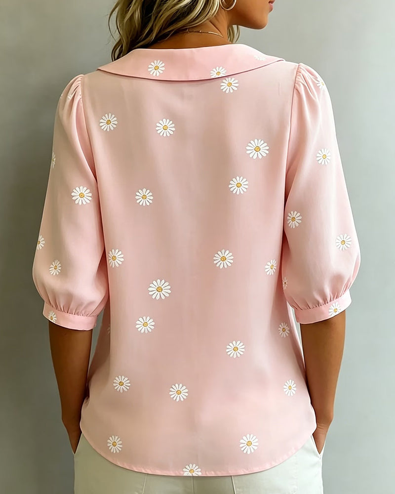 Blouse Décontractée À Fleurs Manches Bouffantes