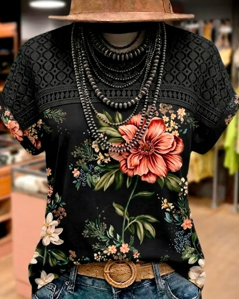 T-Shirt Découpé Patchwork Manches Courtes