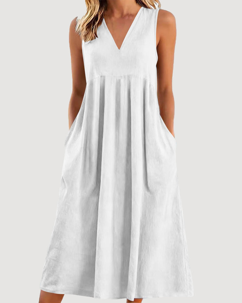 Robe Unie Col V Sans Manches