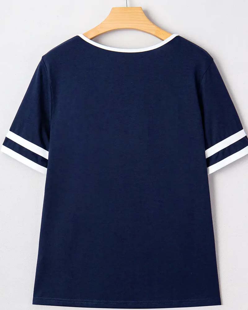 T-Shirt Petit Col V À Bloc De Couleur