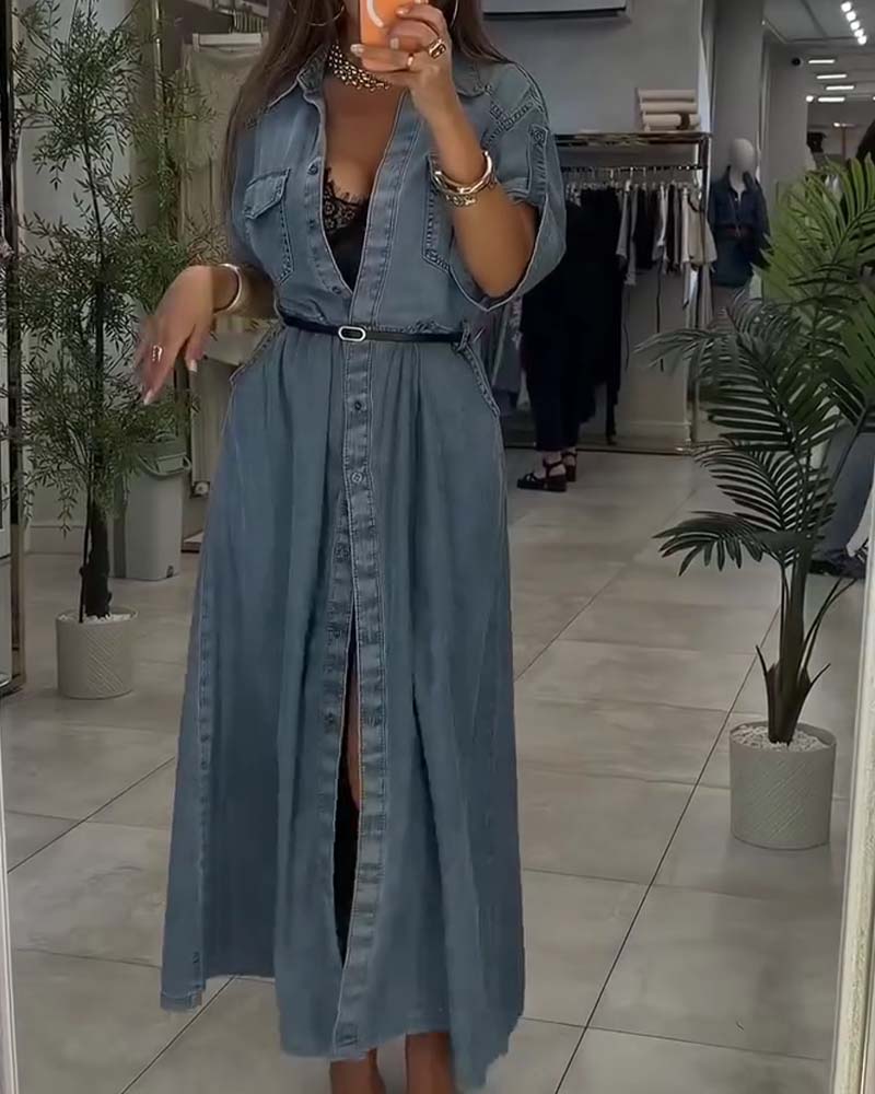 Robe Col Chemise Poche Bouton Denim