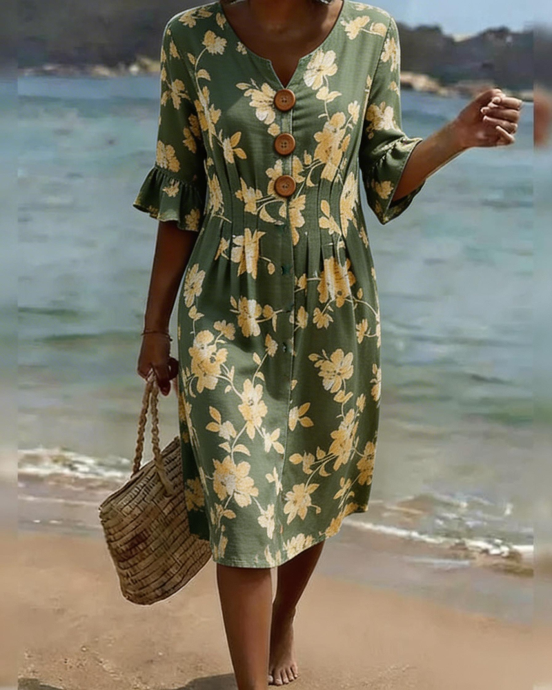 Robe Col V Boutonnage Fleuri