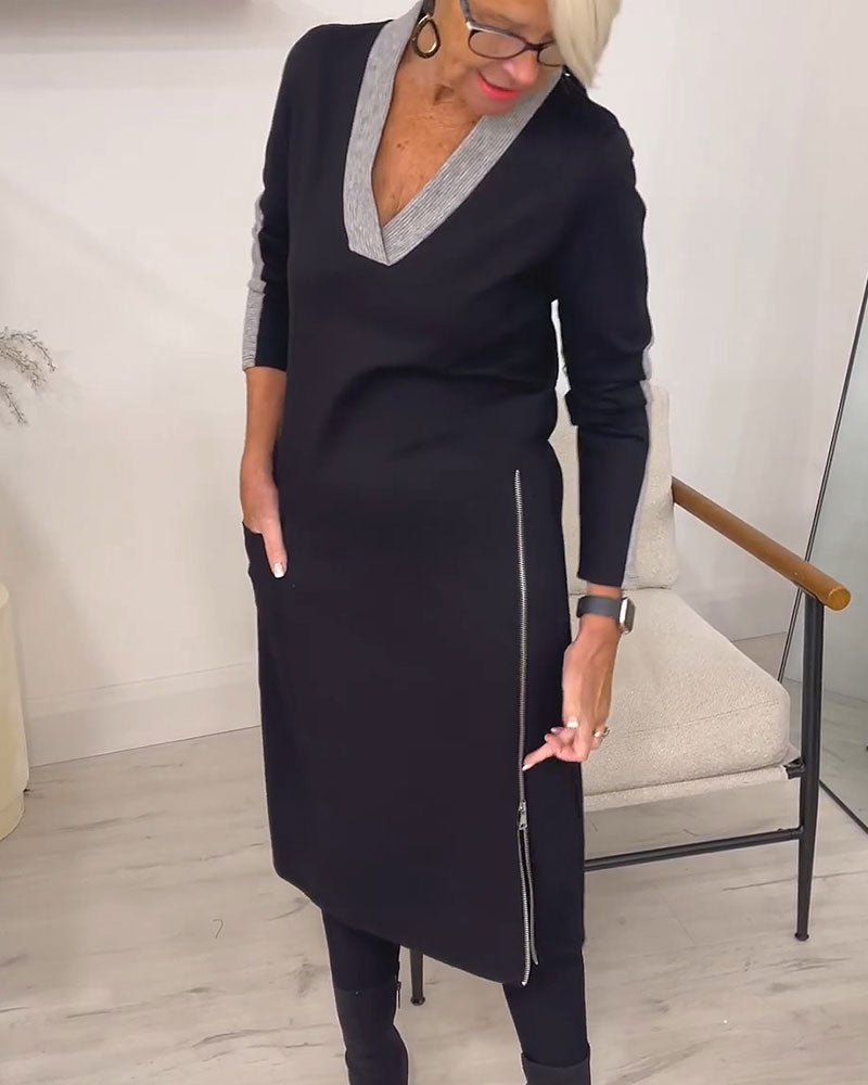 Robe Bloc De Couleur Col En V Tricotée Midi