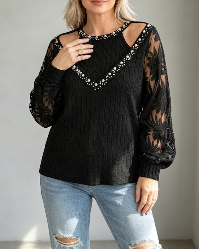 T-Shirt Perforé Dentelle Côtelé