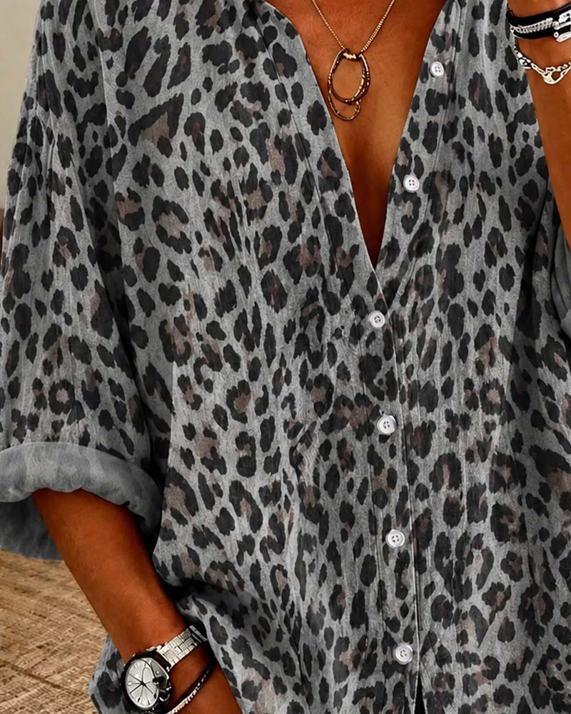 Chemise Col En V Bouton Léopard Manches Longues