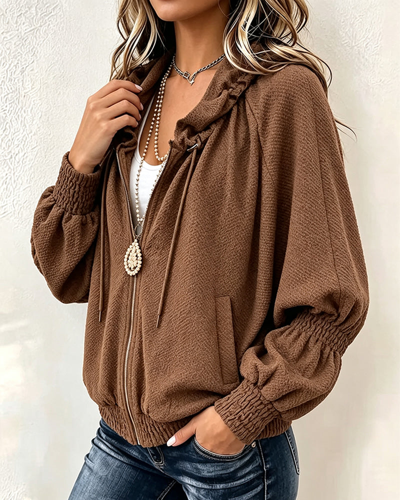 Manteau Texturé Décontracté Fermeture Éclair Plissé