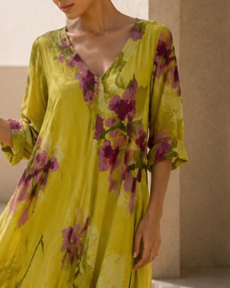 Robes Encre Lavage Floral Col V