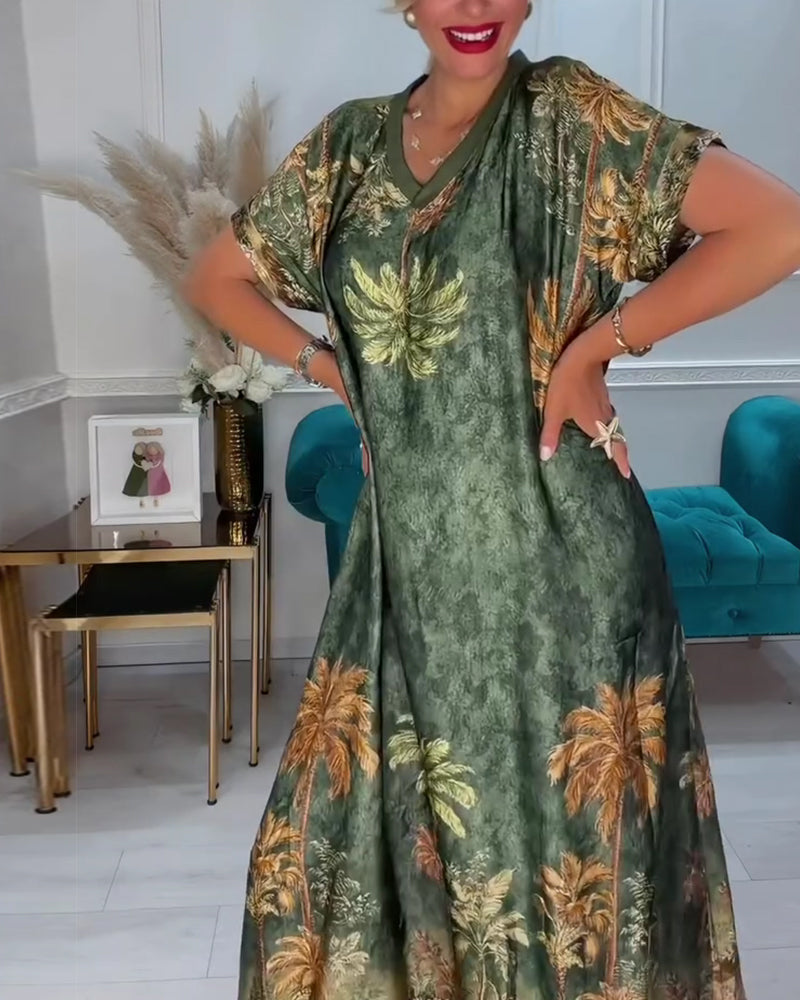 Robe Col En V Palmier Imprimé Manches Courtes Longue