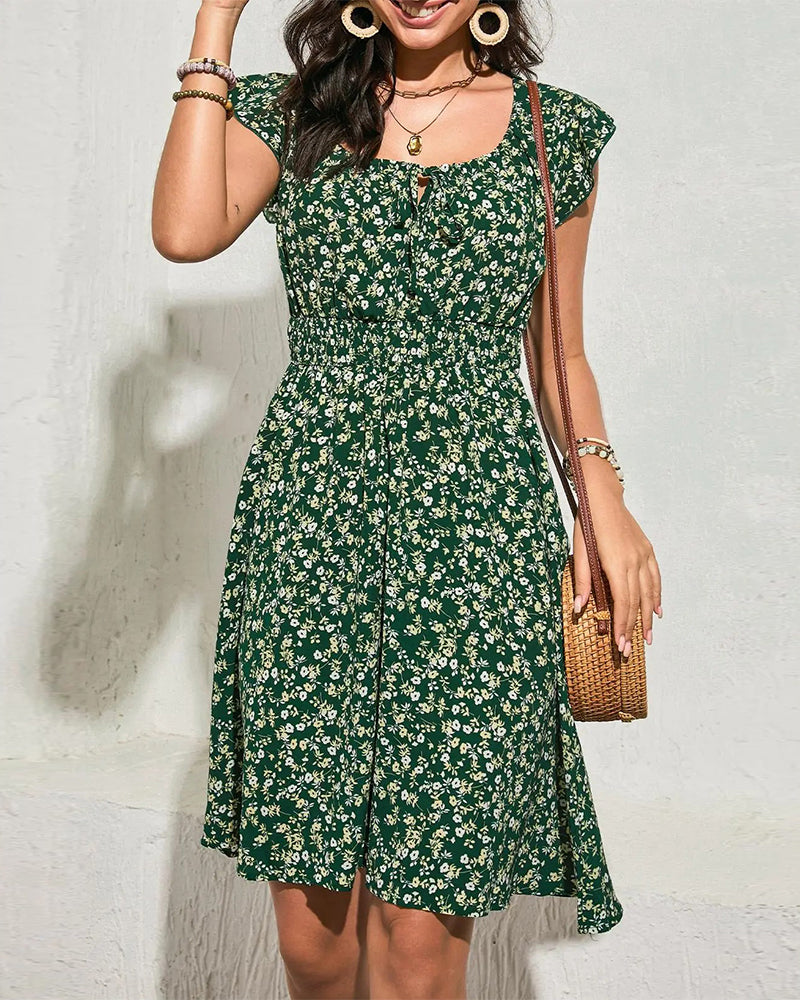 Robe Col Rond Élastique Fronçage Fleuri